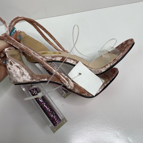 Qupid New New Pink/Clear Glitter Filled Velvet Heels - Picture 11 of 14